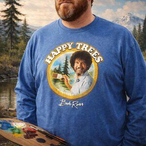 Bob Ross "Happy Trees" Men's 2XL Blue Graphic Long-Sleeve Tee Shirt,